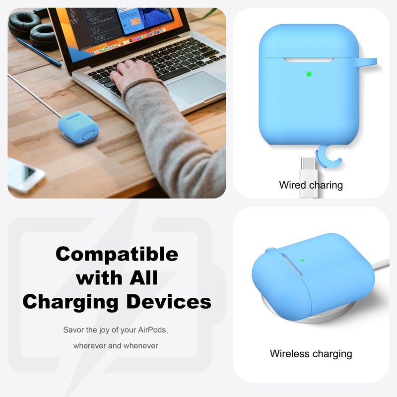 R-fun Compatible with AirPods Case Cover, Soft Silicone Protective Cover with Keychain for Women Men Compatible with Apple AirPods 2nd 1st Generation Charging Case, Front LED Visible,Light Blue - Image 4